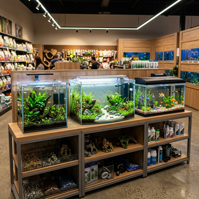 Різні форми акваріумів у магазині