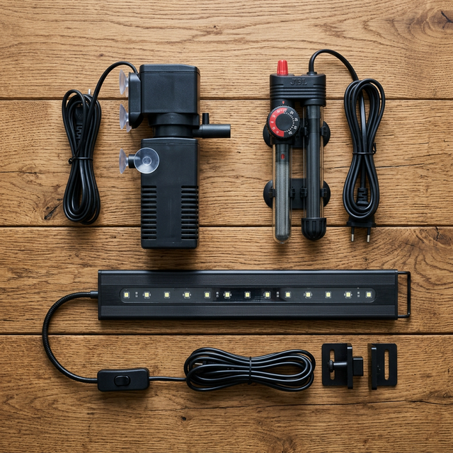 Набір акваріумного обладнання: фільтр, нагрівач, світло