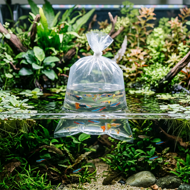 Пакет з рибою плаває на поверхні акваріума