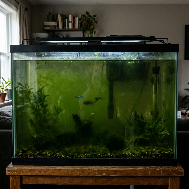 Акваріум з дуже зеленою водою (цвітіння води)