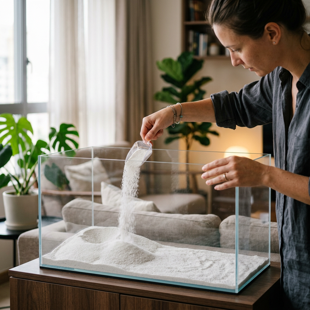 Процес засипання ґрунту в акваріум