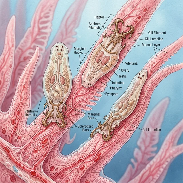 Мікроскопічний вигляд моногеней (фіксація на зябрах)
