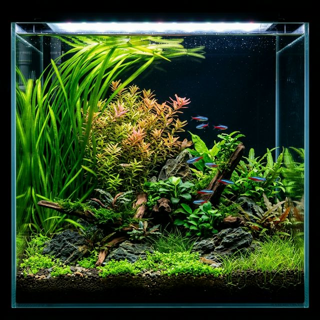 Акваріум з густими рослинами, що приховують техніку