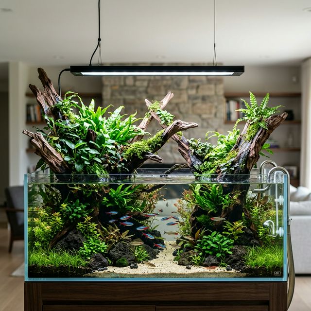 Відкритий акваріум з корягами та рослинами над водою