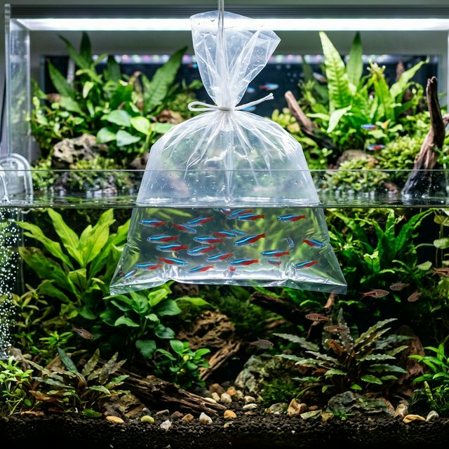 Пакет з рибою в акваріумі
