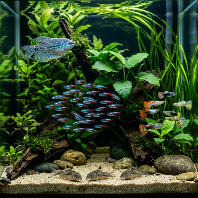 Гармонійний загальний акваріум з різними видами риб