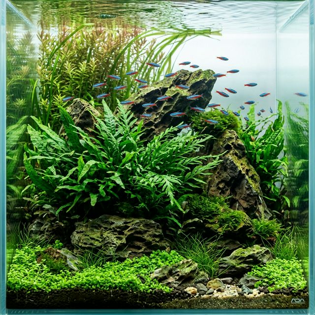 Папороті та анубіаси на середньому плані